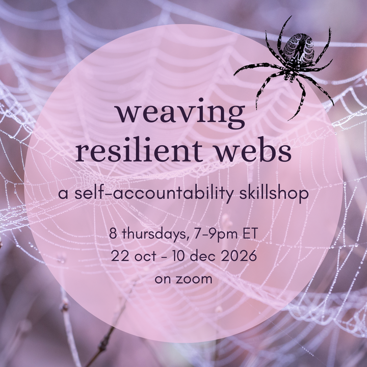 in the background, a photo of a dew-strung spiderweb. in the foreground, the workshop info is written inside a pink circle, with an intricately drawn black spider at its edge.