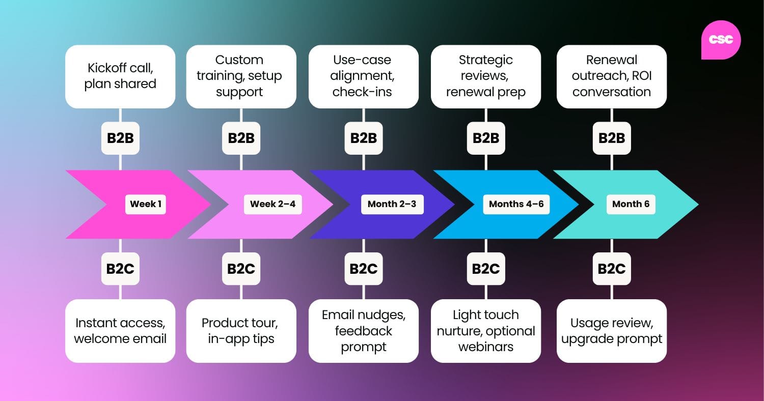 Flowchart comparing customer success needs for B2B and B2C segments, including differences in contract type, onboarding approach, stakeholder involvement, engagement style, and success metrics.
