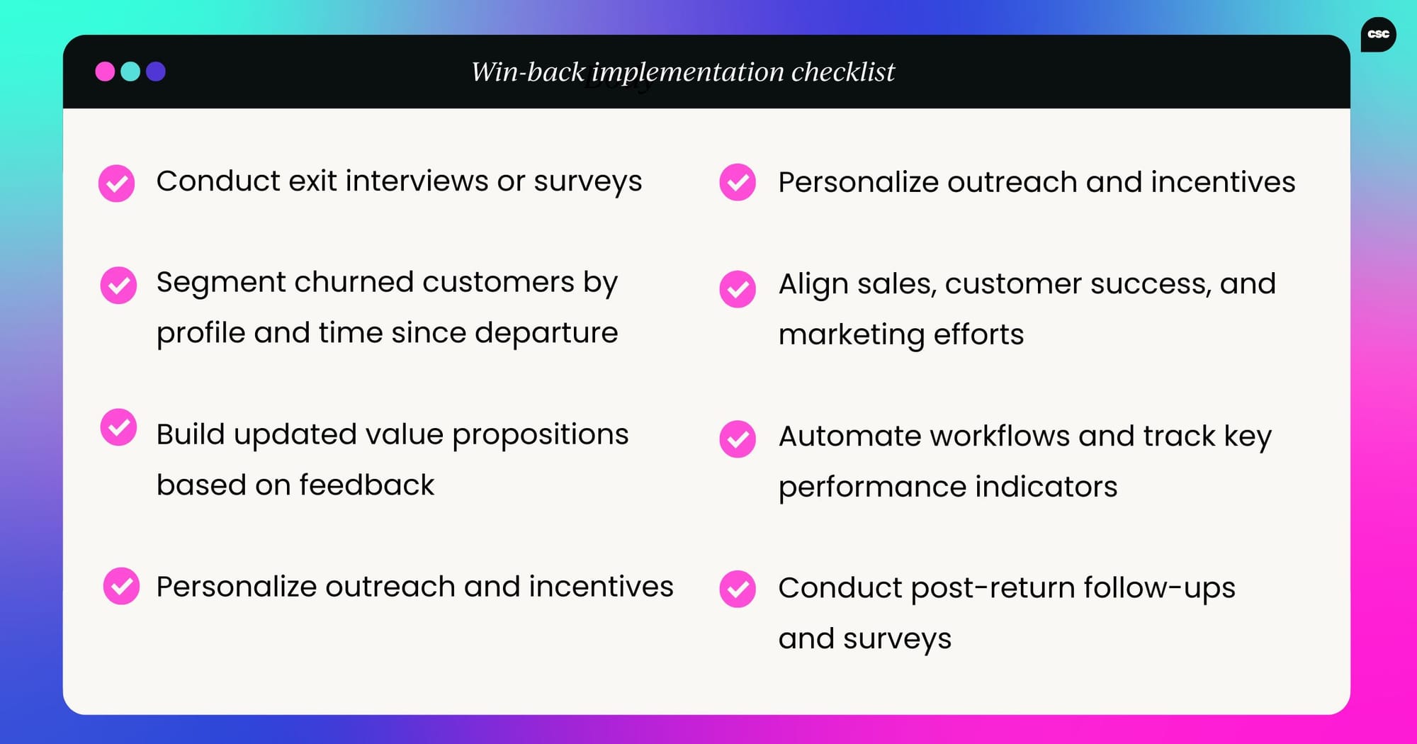 A vertical, stylized checklist with icons for each step in a win-back strategy. Items include: Conduct exit interviews, segment churned profiles, update value propositions, personalize outreach, align internal teams, automate tracking, and follow up with satisfaction surveys.