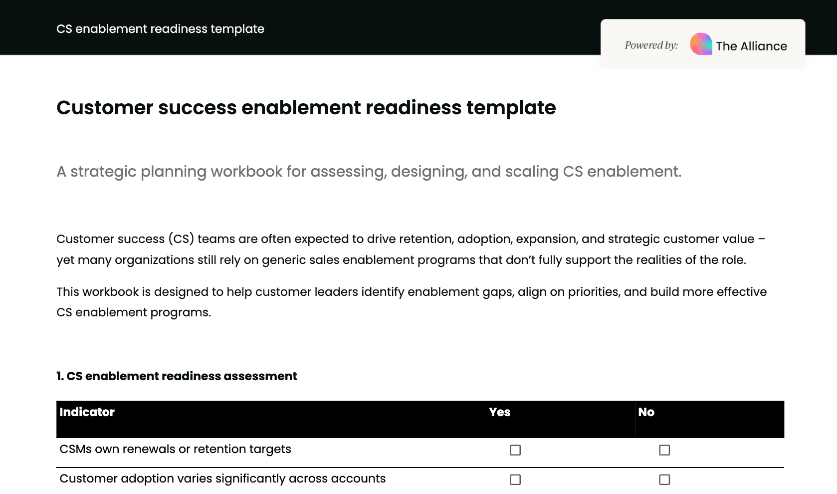 Customer success enablement readiness template