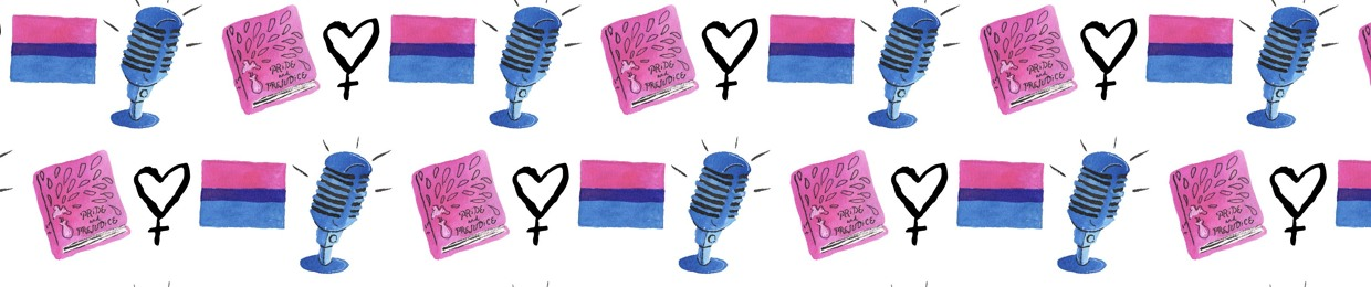 A repeating illustration of a microphone, a bisexual flag, a Venus symbol with a heart, and a copy of Pride and Prejudice