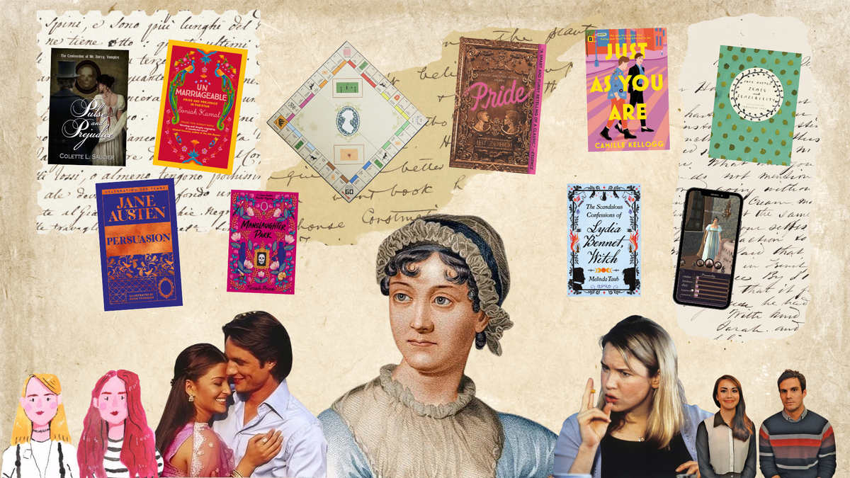 A collage featuring Jane Austen, an array of different Austen-related books and games, and characters from Austen-inspired adaptations.
