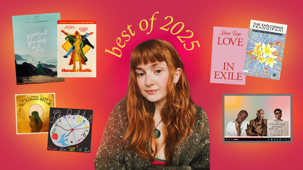 A collage featuring me (a person with long red hair and a green cardigan) surrounded by posters from some of my favourite pop culture of the year.