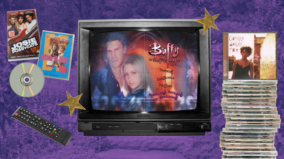A collage featuring a 90s TV with a Buffy DVD menu on it, a stack of CDs, a TV remote and some DVDs