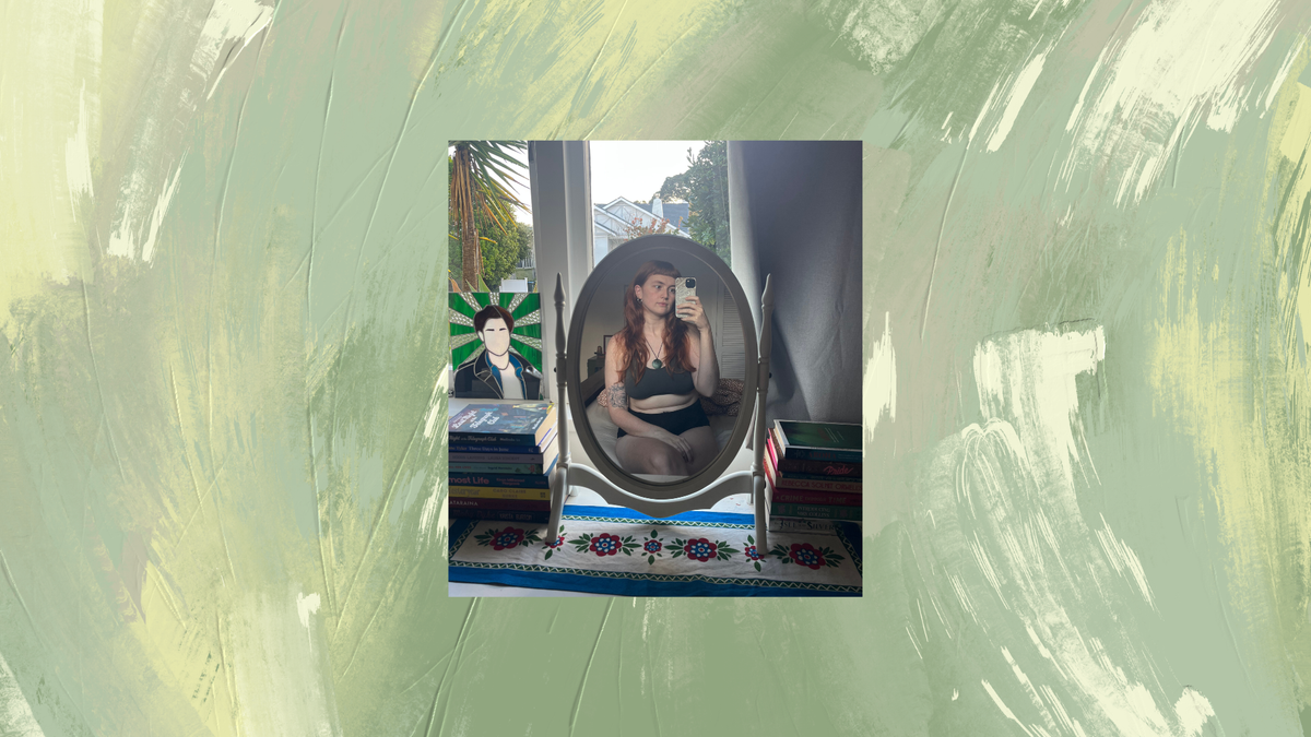 A photograph of me, sitting in front of a mirror, in a grey bra and black boxers. The sun is out. Behind the photograph is a streaky painted green background.