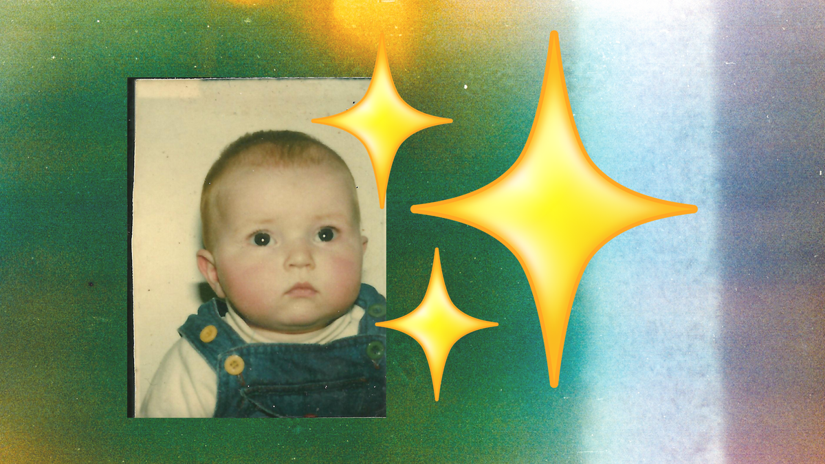 An unfocused, colourful background. On top is a passport photo of a baby in dungarees (me) looking up apprehensively. Next to me is a giant sparkle emoji.