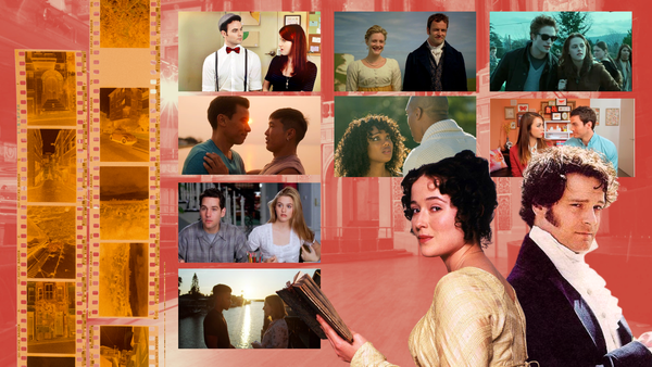 A collage of images from Austen-inspired movies or series, including Twilight, Clueless, and the 1995 BBC Pride and Prejudice.