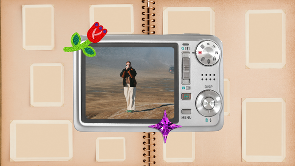 A collage featuring a digital camera, inside of which you can see a photo of me taking a photo. Meta!