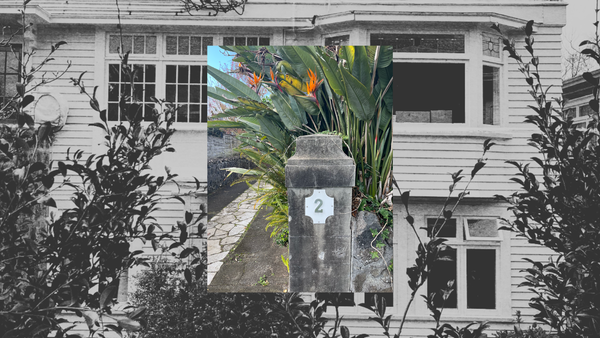 A photo of a stone column with the number 2 attached to the front. To the left is a driveway leading away, and behind the column are several birds of paradise flowers.
