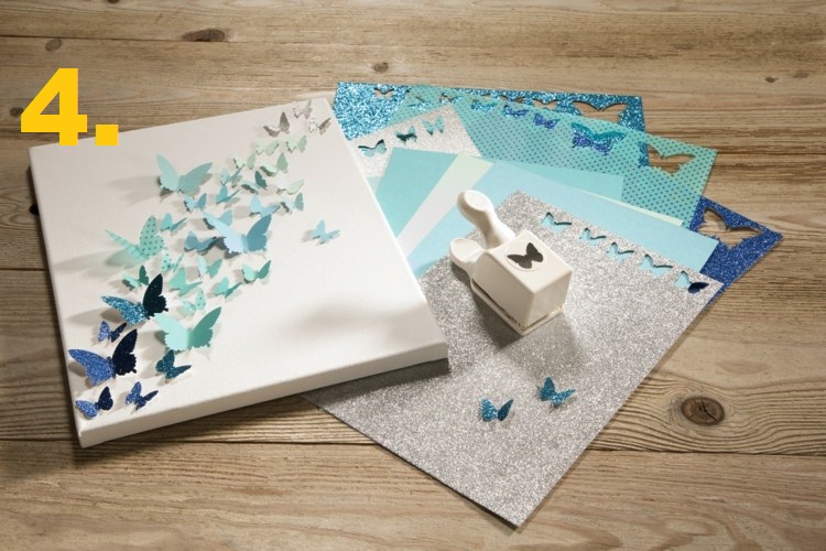 Keilrahmen gestalten 3d design schmetterlinge stanzen papier blau.jpg