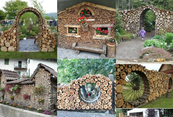 Sehr originelle Gartengestaltung mit Baumscheiben und Holz