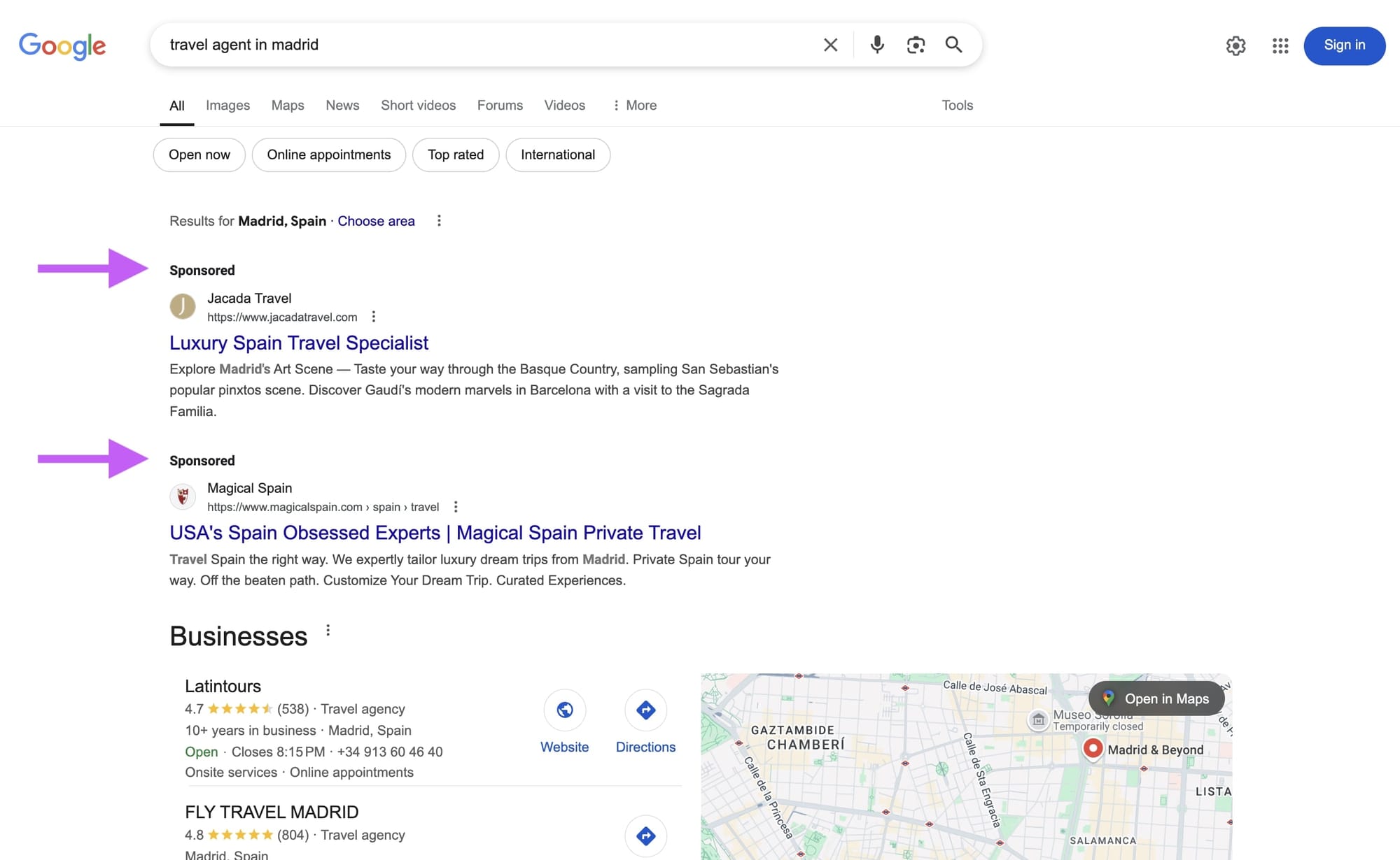 Travel agency keywords on Google