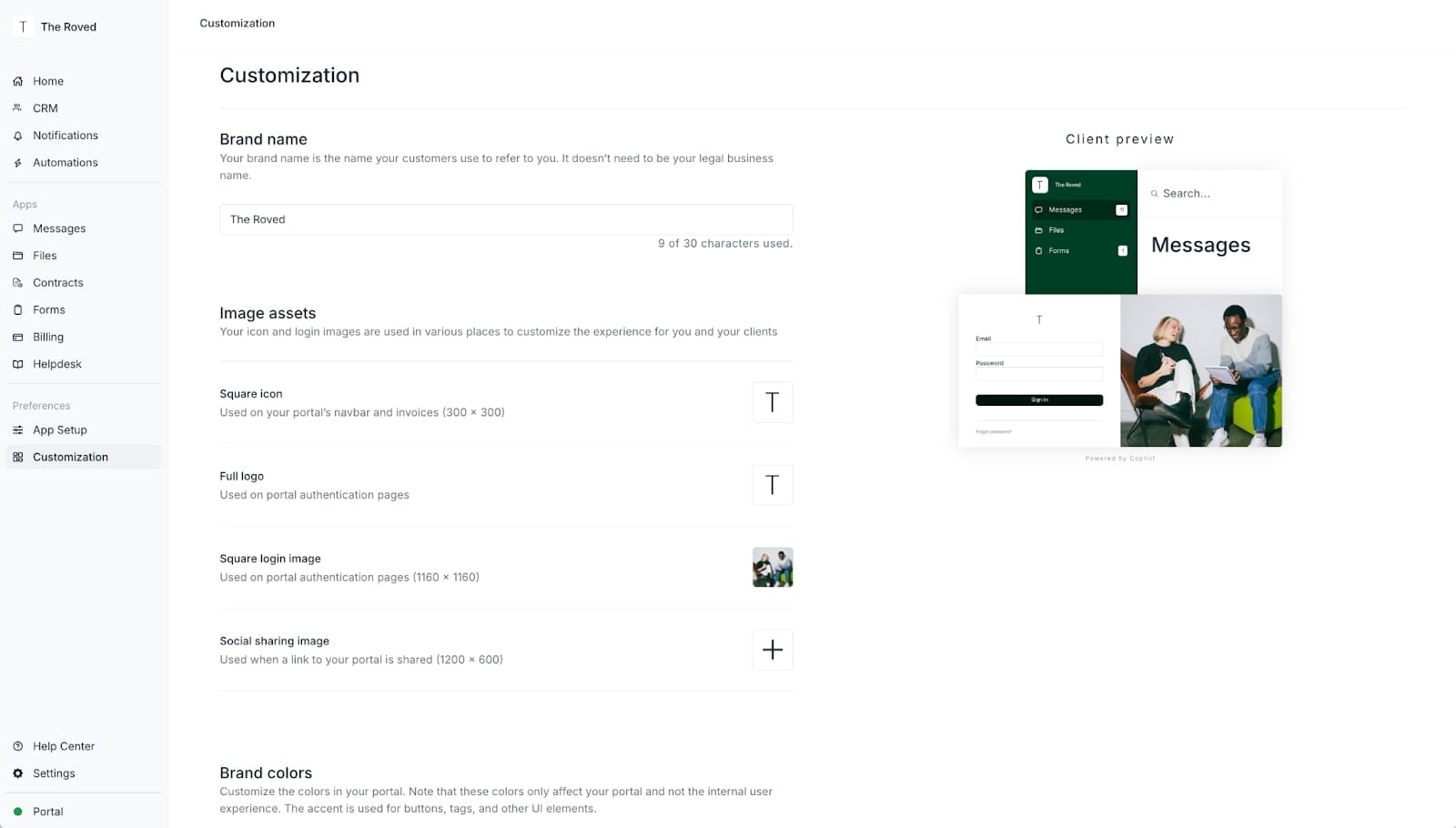 Web portal customization settings