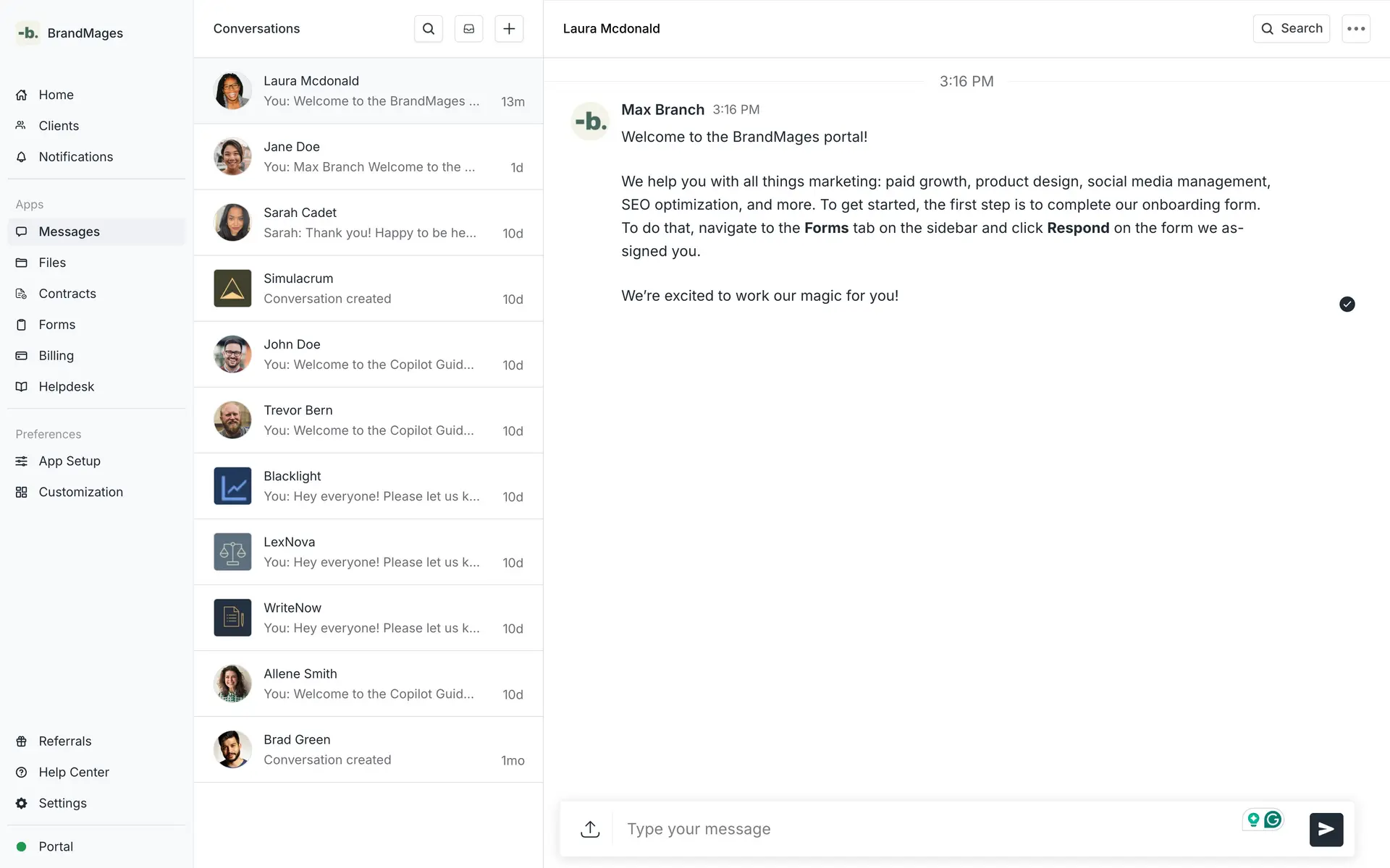 Client portal welcome message
