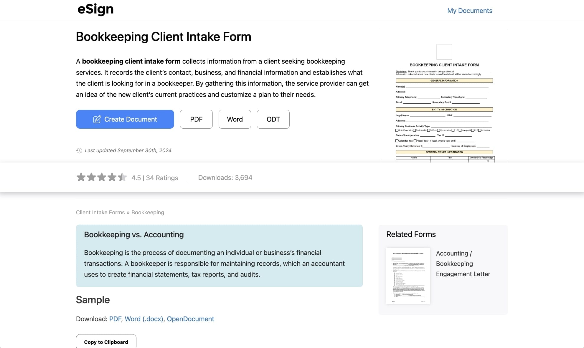 Bookkeeping intake form template from eSign