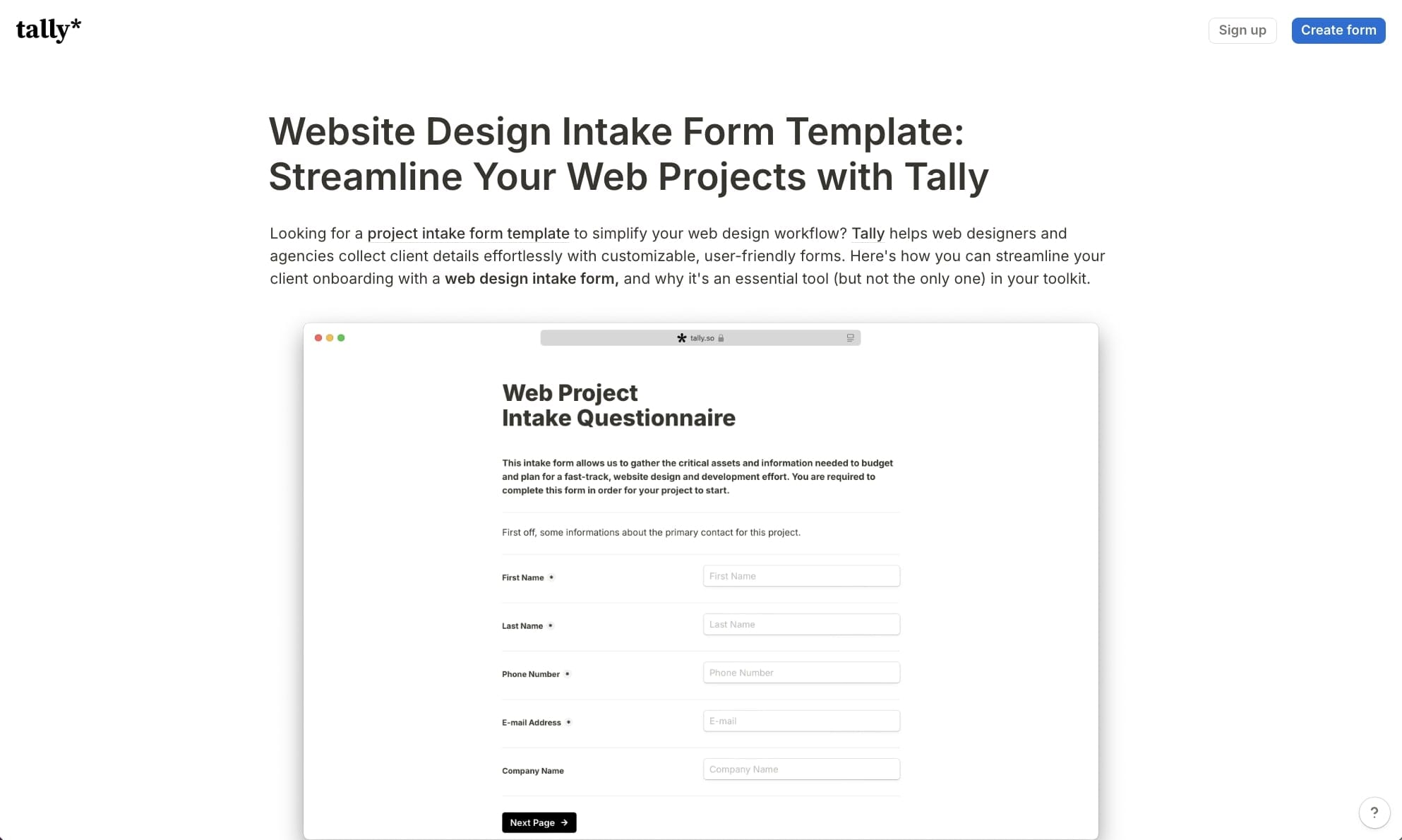 Web design intake form tempalte from Tally