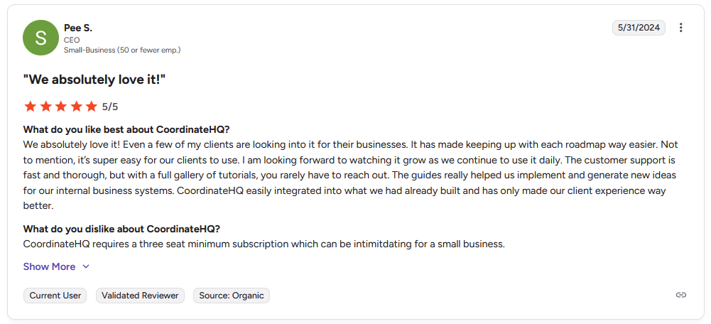 G2 review from Pee S., CEO in small business, rating CoordinateHQ 5 stars with title "We absolutely love it!"