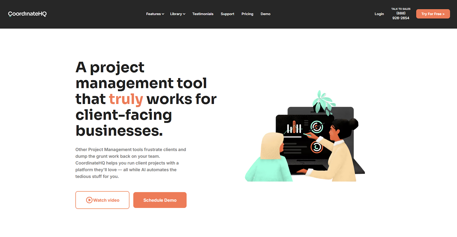 CoordinateHQ homepage displaying "A project management tool that truly works for client-facing businesses"