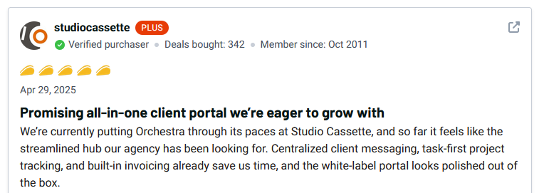 AppSumo review from studiocassette giving Orchestra 5 stars, highlighting centralized client messaging and white-label portal