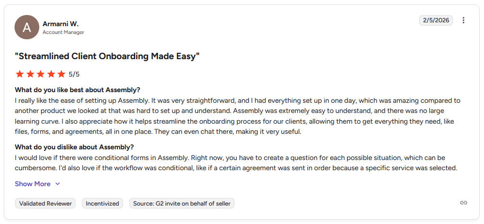 G2 review from Armarni W., Account Manager, rating Assembly 5 stars with title "Streamlined Client Onboarding Made Easy"