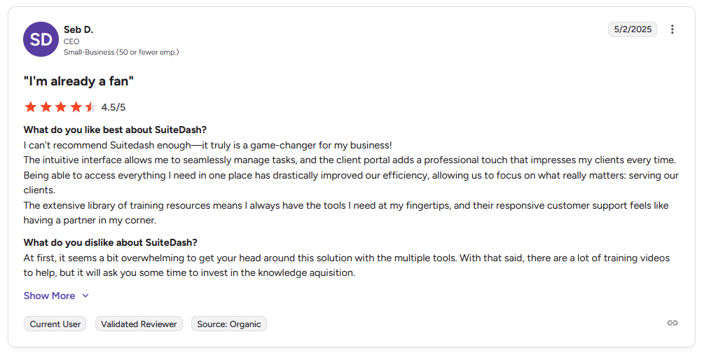 G2 review from Seb D., CEO in small business, rating Suitedash 4.5 stars with title "I'm already a fan"