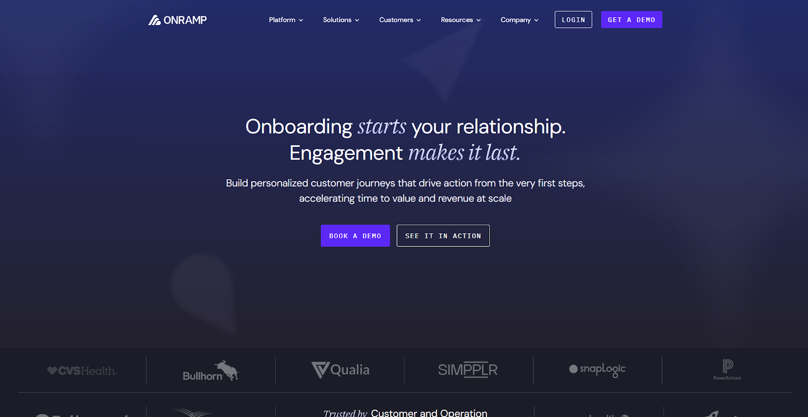 OnRamp homepage displaying "Onboarding starts your relationship. Engagement makes it last." with company logos below