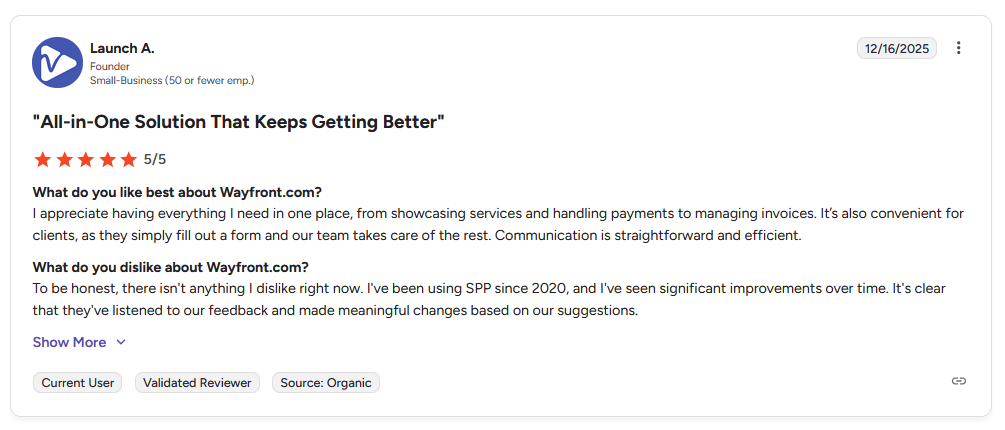 G2 review from Launch A., Founder of small business, giving Wayfront 5 out of 5 stars, praising checkout and payment handling