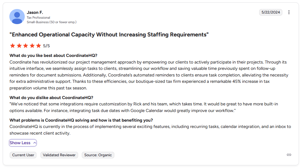 G2 review from Jason F., Tax Professional in small business, rating CoordinateHQ 5 stars with title "Enhanced Operational Capacity Without Increasing Staffing Requirements"