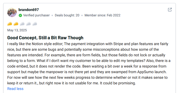 AppSumo review from brandon697 giving Orchestra 2 stars, noting bugs and form field limitations