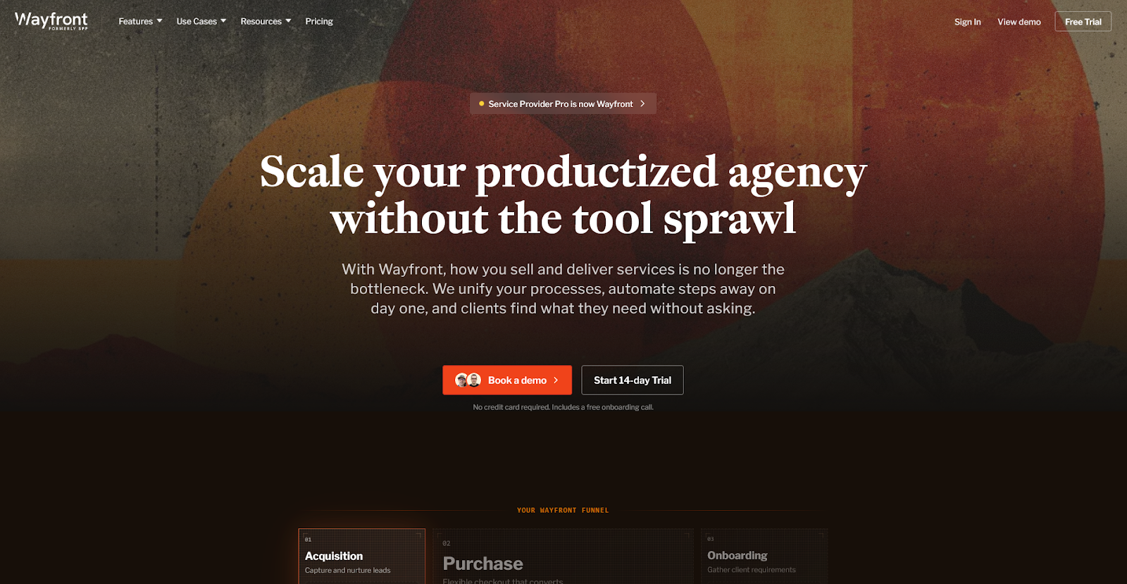 Wayfront homepage showing productized agency platform with automated checkout funnel from acquisition to purchase to onboarding
