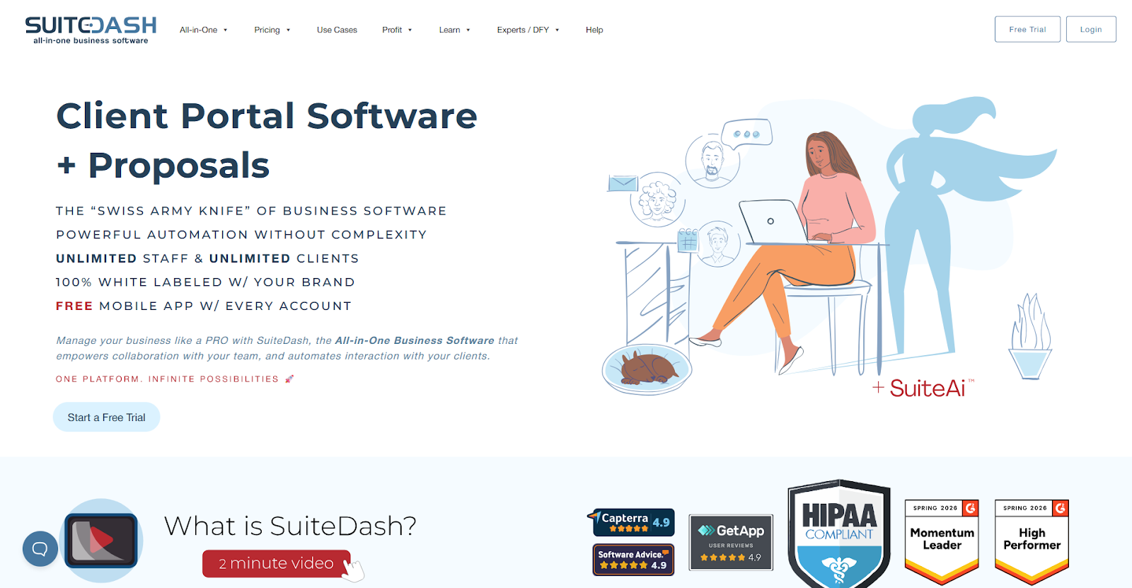 Suitedash homepage showing "Client Portal Software + Proposals" with headline "The Swiss Army Knife of Business Software"