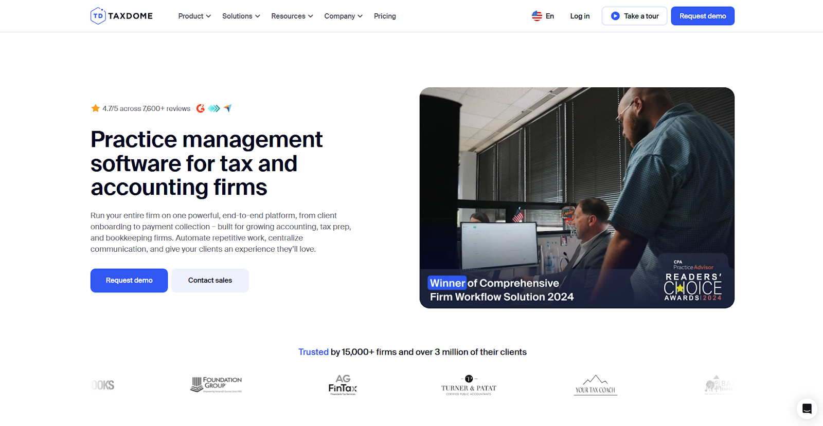 TaxDome practice management software homepage for tax and accounting firms with request demo option