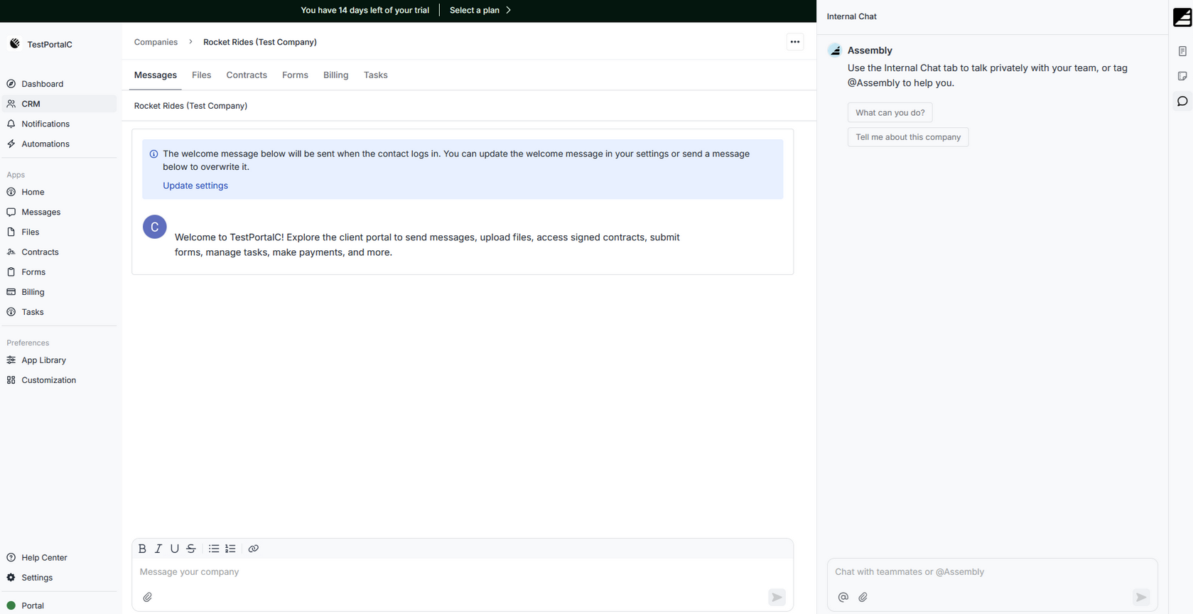 Assembly client portal dashboard on the CRM tab