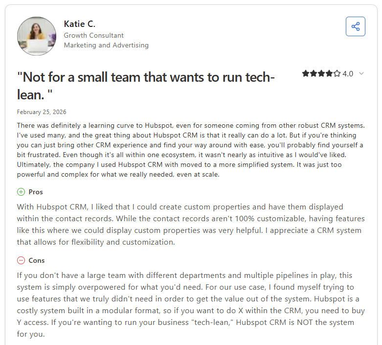 Katie C. Capterra review of HubSpot CRM noting it is overpowered for smaller teams and costly in modular format