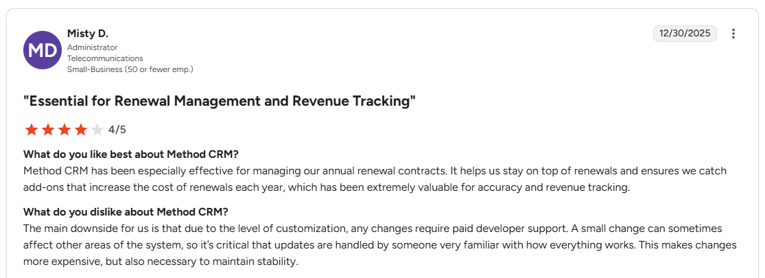 Misty D. G2 review of Method CRM noting high cost of customization changes and developer dependency