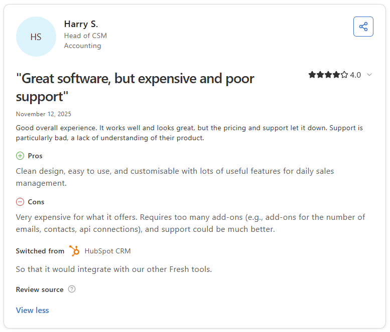 Darren W. G2 review of Freshsales praising easy setup and customizable filters for lead management