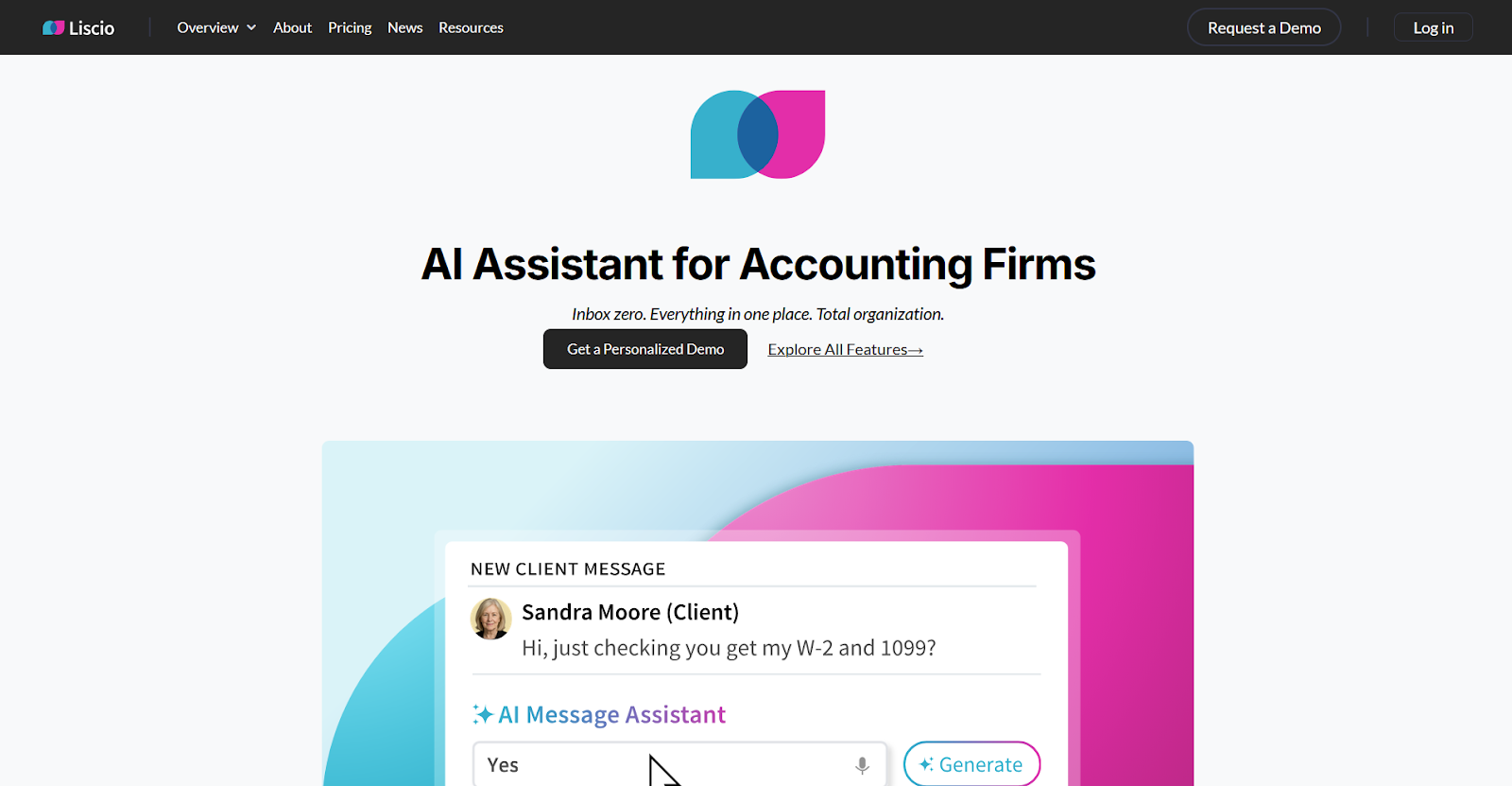 Liscio AI assistant for accounting firms homepage showing client messaging interface