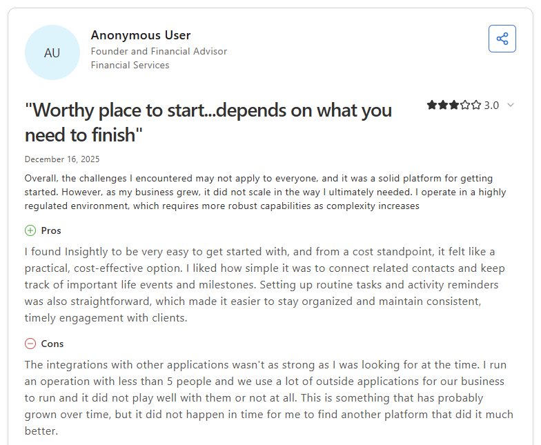 Anonymous user Capterra review of Insightly noting limited integrations and scaling challenges for growing businesses