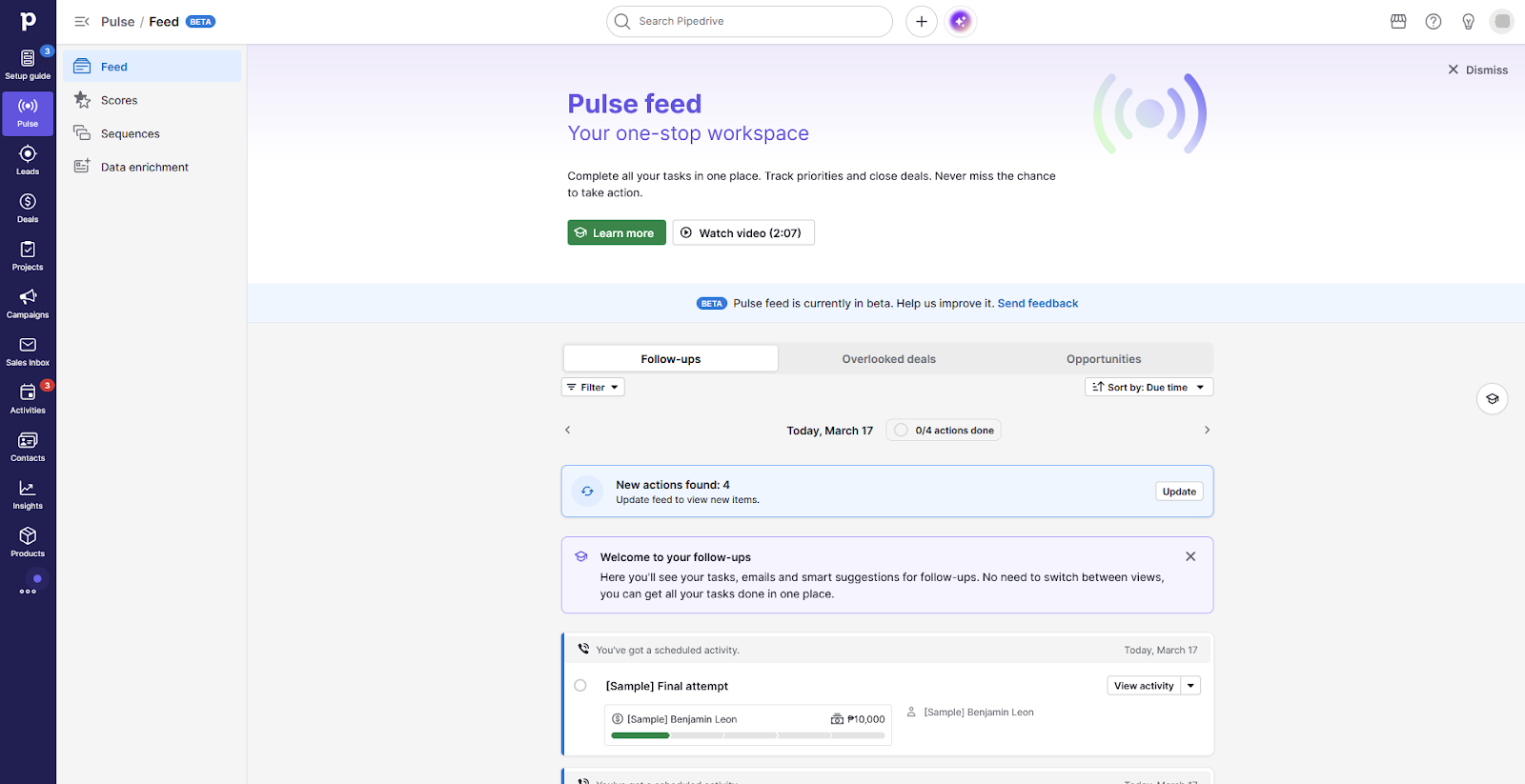 Pipedrive Pulse feed dashboard showing follow-ups, overlooked deals, and scheduled activities for sales teams
