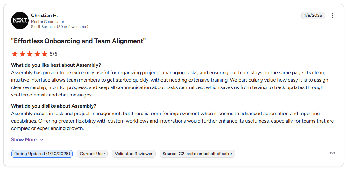 Christian H. G2 review of Assembly noting room for improvement in automation and reporting