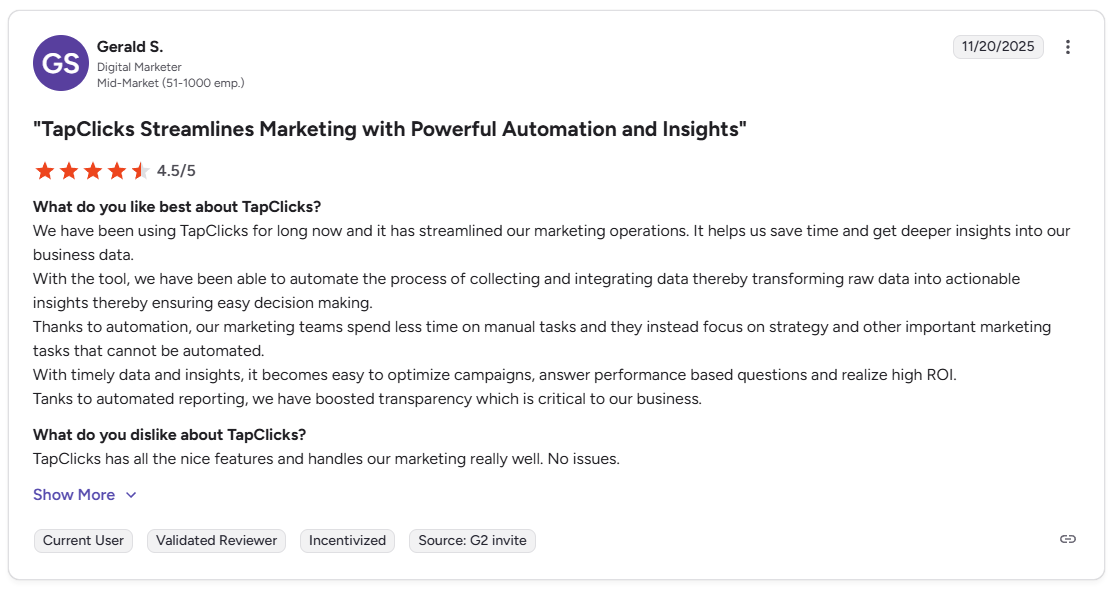 Gerald S. G2 review of TapClicks praising automation and data integration for marketing operations