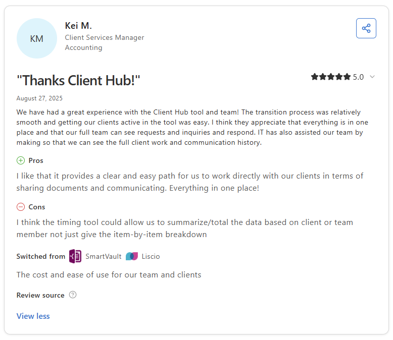 Kei M. client services manager 5 star review of Client Hub on Capterra
