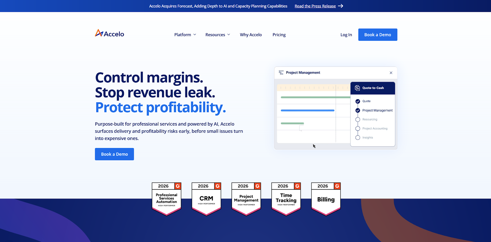 Accelo homepage showing project management and quote-to-cash workflow for professional services firms