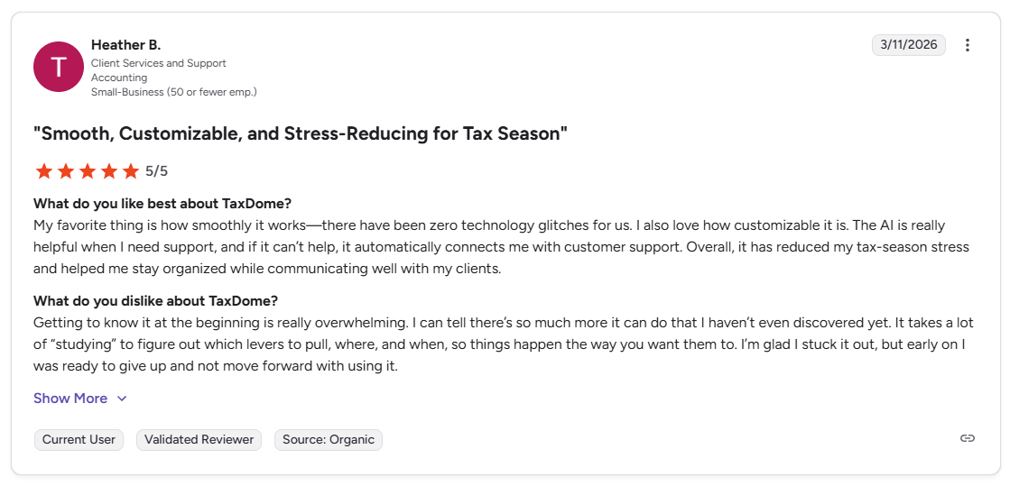 Heather B. G2 review of TaxDome praising customization and tax season organization