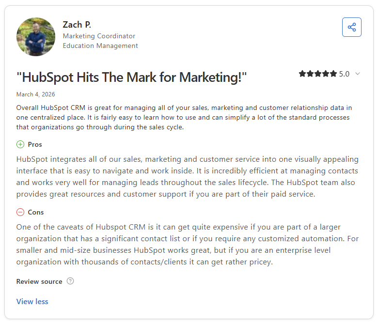Zach P. Capterra review of HubSpot CRM praising contact management and sales lifecycle tracking