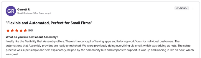 Screenshot of Assembly positive review from G2