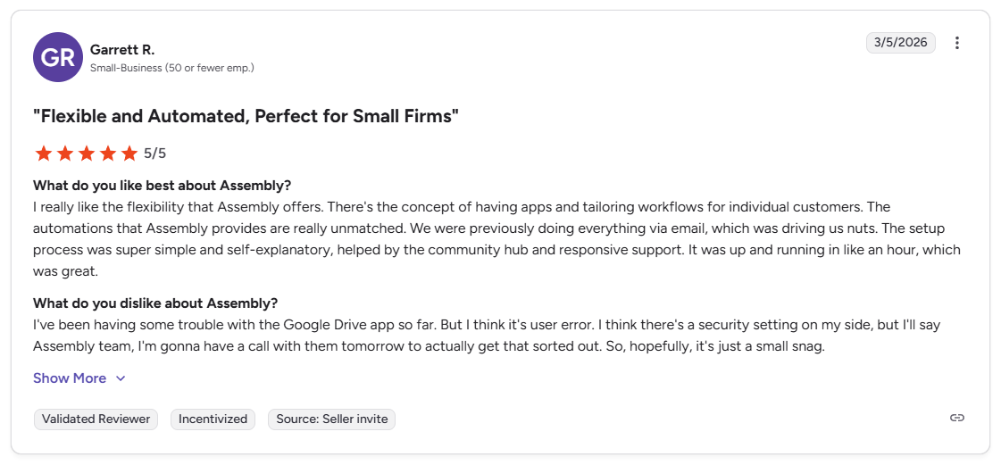 Garrett R. G2 review of Assembly praising automation and workflow flexibility