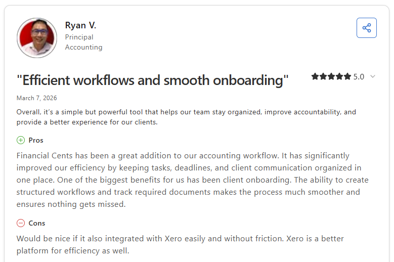 Ryan V. Capterra review of Financial Cents praising workflow efficiency and structured client onboarding process