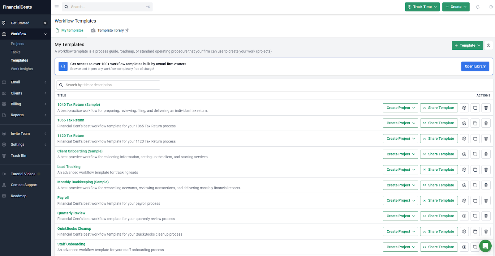 Financial Cents workflow templates dashboard showing accounting templates including tax returns, bookkeeping, and client onboarding