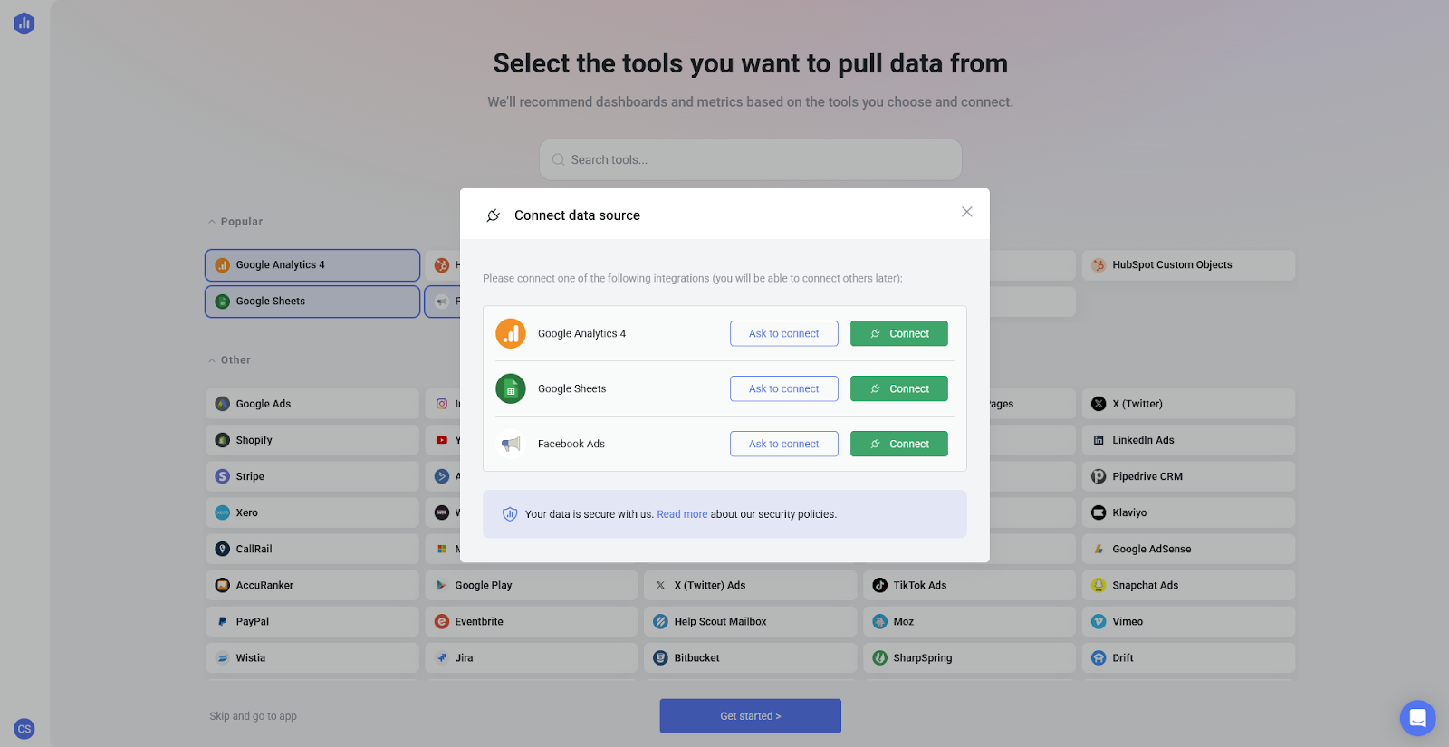 Databox data source connection screen showing integrations including Google Analytics, Google Sheets, Facebook Ads and others